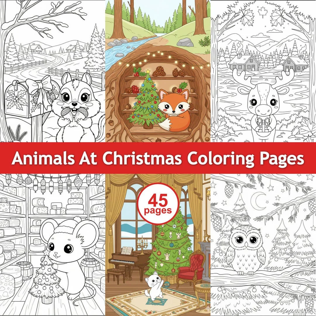 Thumbnail 1 for Christmas Coloring Pages: Kawaii Cute Animals Book, Printable PDF Instant Download Holiday Activity